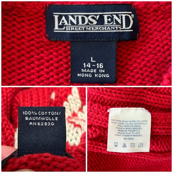 Lands’ End Classic Red Reindeer Cotton Crewneck Christmas Sweater - Picture 4 of 6
